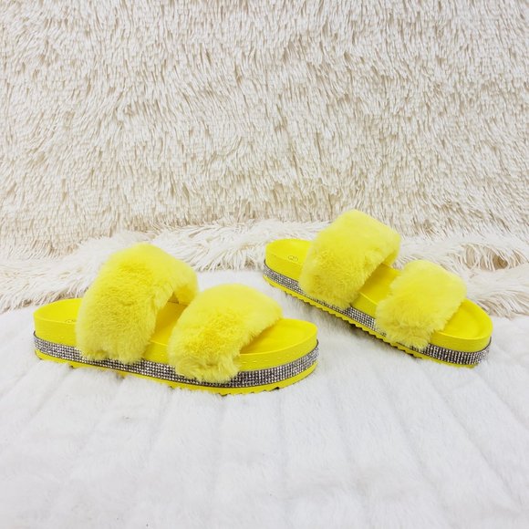 Fur Baby Yellow Soft Furry Double Band Slip on Rhinestone Trim Sandals Slippers - Picture 4 of 14